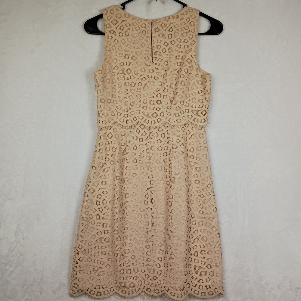 J.Crew Tan Beige Corded Lace Popover‎ Mini Dress Scalloped Hem Sleeveless 00 - Picture 3 of 8